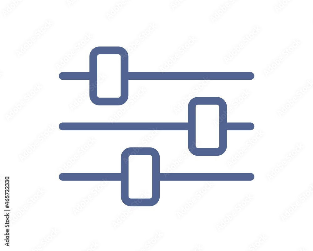 Simple line art icon of sound control bar or mixer with sliders and knobs. Volume settings panel pictogram. Equalizer symbol. Linear flat vector illustration isolated on white background Simple line art icon of sound control bar or mixer with sliders and knobs. Volume settings panel pictogram. Equalizer symbol. Linear flat vector illustration isolated on white background