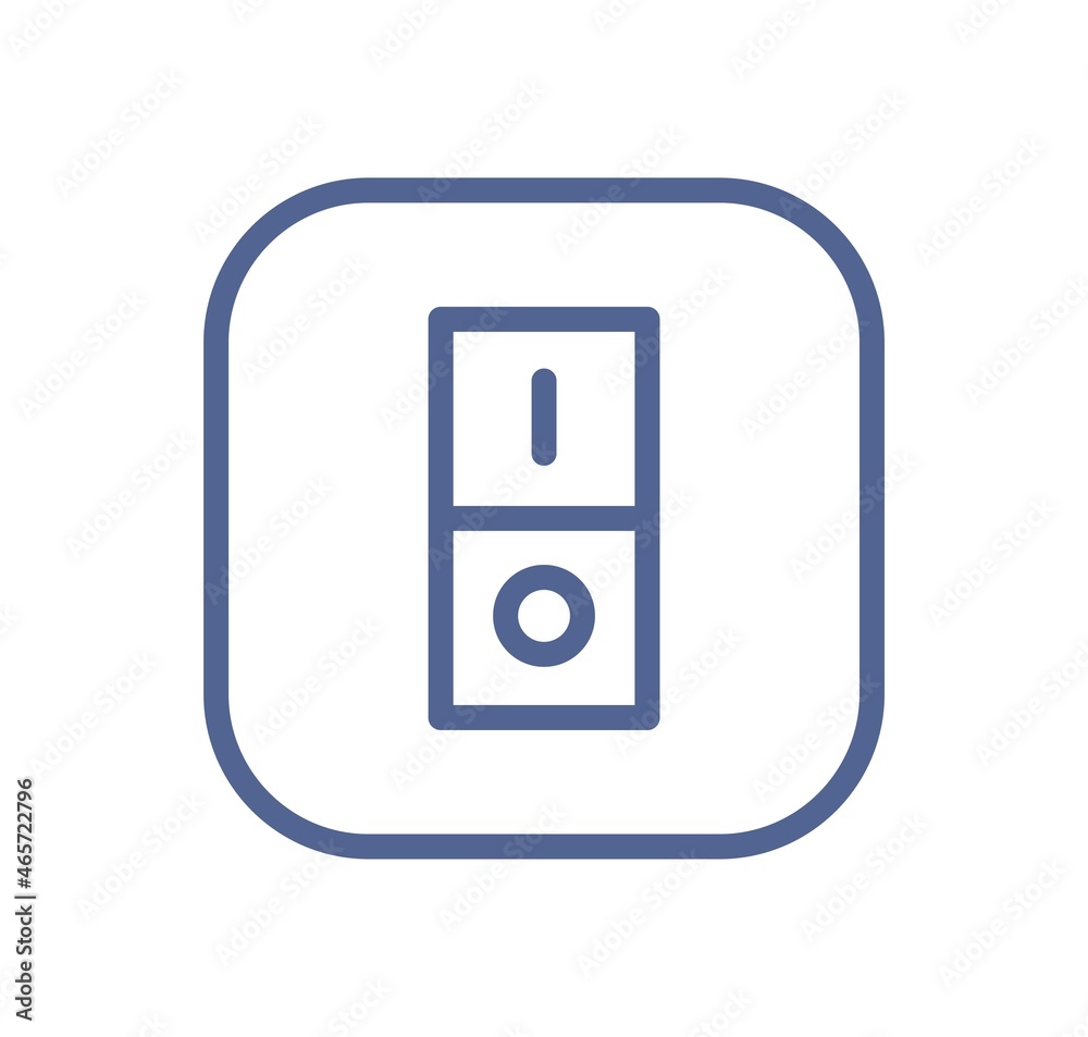 Electric light switch icon with one button. On and off wall switcher sign in line art style. Lineart toggle symbol. Simple linear flat vector illustration isolated on white background Electric light switch icon with one button. On and off wall switcher sign in line art style. Lineart toggle symbol. Simple linear flat vector illustration isolated on white background