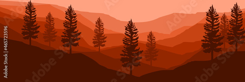 sunset mountain landscape illustration vector for banner background, web background, apps background, tourism design template and adventure backdrop