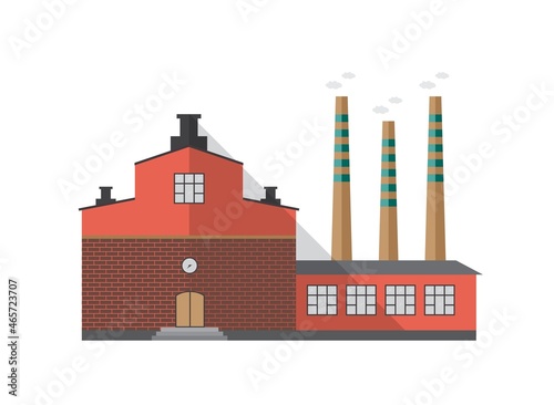 Modern industrial brick building of factory with pipes emitting smoke isolate...