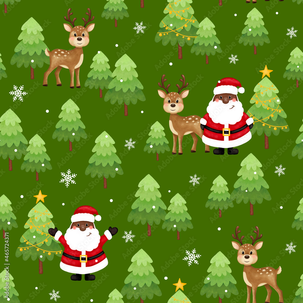 Christmas christmas seamless pattern. Black santa, deer, trees, stars, snow. African American Santa. Merry christmas and happy new year.