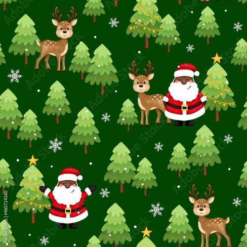 Christmas christmas seamless pattern. Black santa  deer  trees  stars  snow. African American Santa. Merry christmas and happy new year.