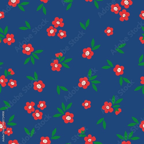 Vintage floral background. Seamless vector pattern for design and fashion prints. Floral pattern with red flowers and green leaves on a blue background.