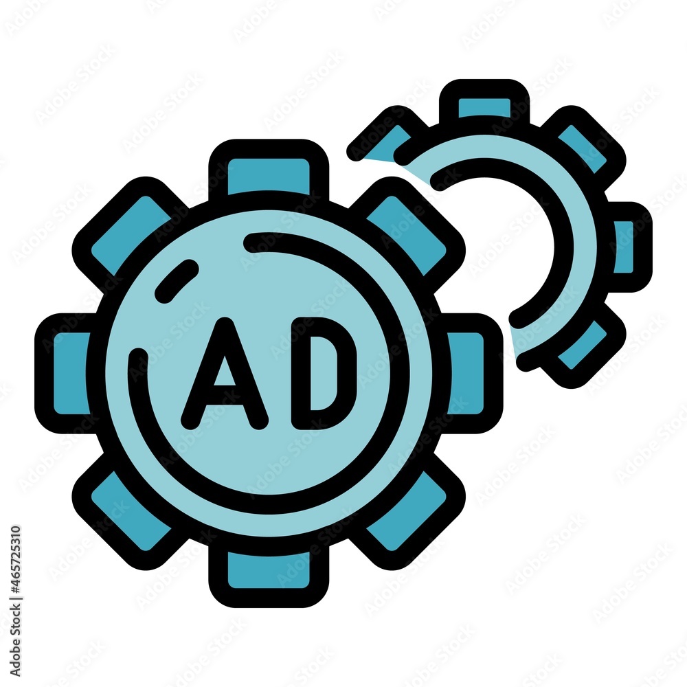 Ad and two cogwheels icon. Outline ad and two cogwheels vector icon color flat isolated