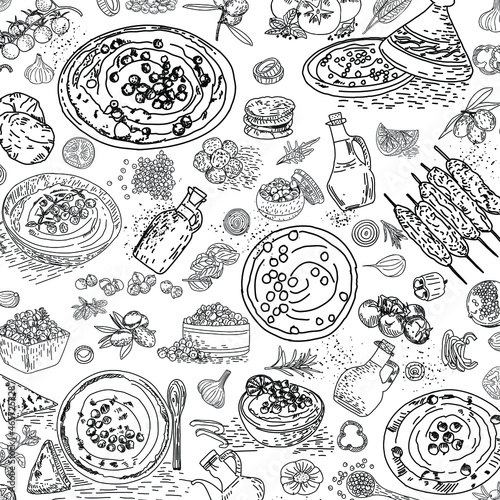 Hummus hand drawn vector seamless pattern. Healthy food. Mediterranean food. Vegetarian menu food drawing. Package design.