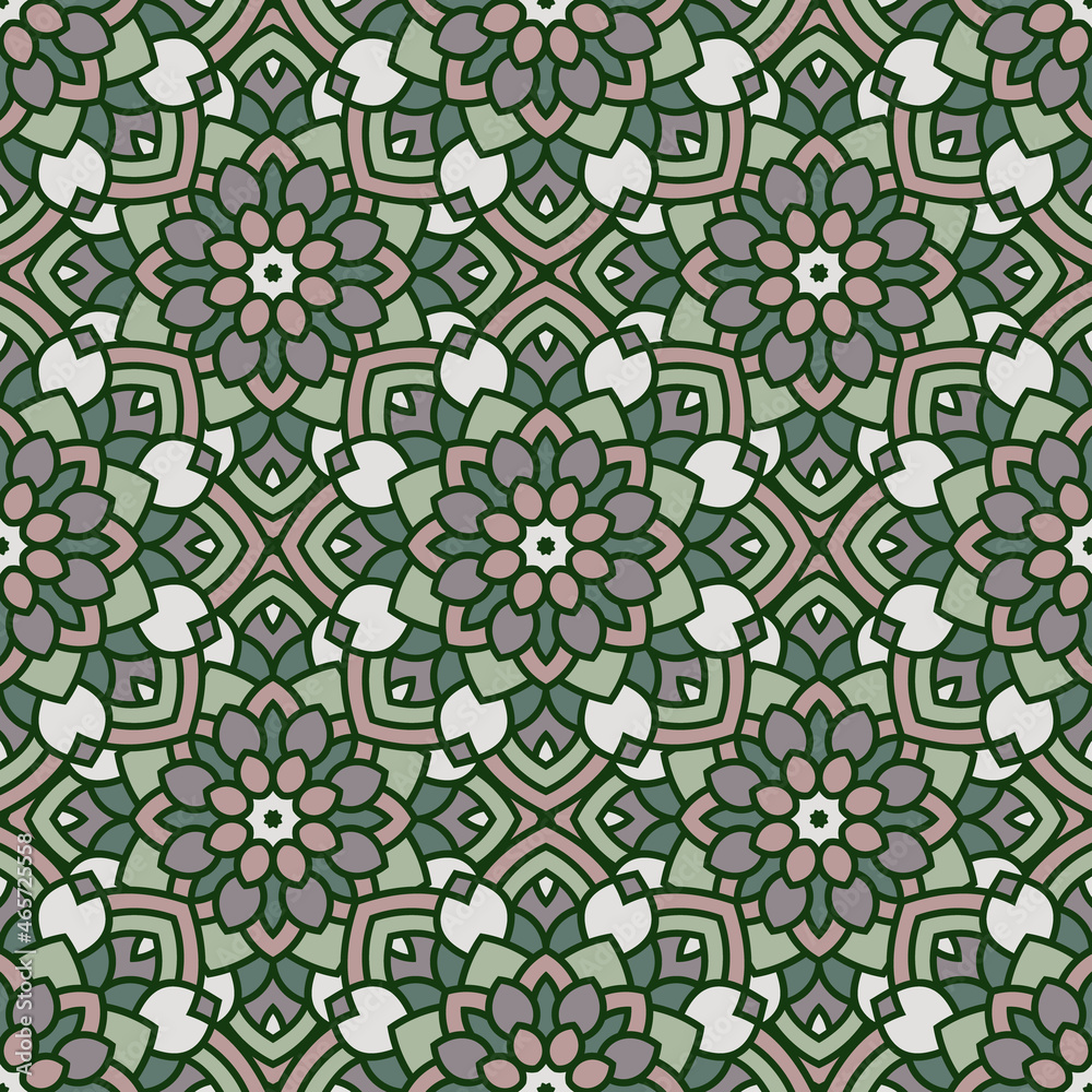 Abstract seamless mandala background. Texture in green and brown colors. Oriental pattern for design, fashion print, scrapbooking