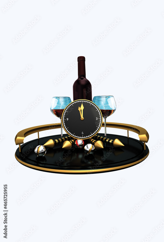 3D New years eve artwork with wine bottle