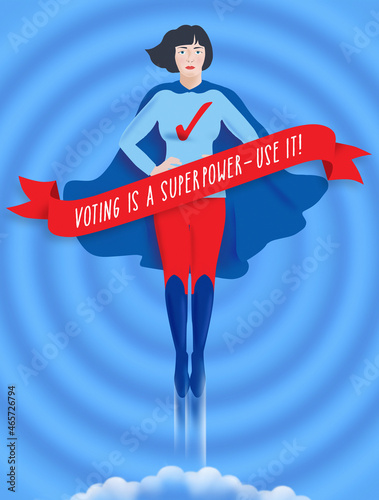 Female superhero urging people to vote photo