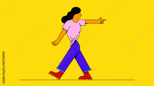 Woman walking in one direction but pointing in another