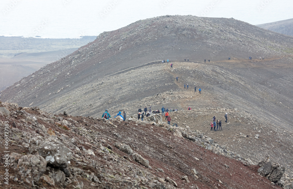 Fagradalsfjall, Iceland on July 26, 2021: Tourists hiking near the new volcano at Fagradalsfjall, Iceland