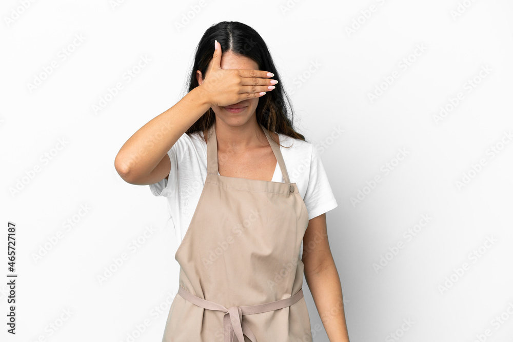 Restaurant waiter over isolated white background covering eyes by hands. Do not want to see something Restaurant waiter over isolated white background covering eyes by hands. Do not want to see something