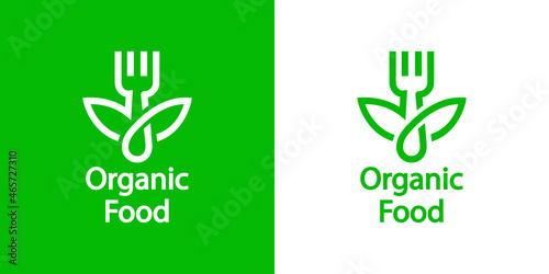 Logotipo dieta saludable. Banner con texto Organic Food con silueta de tenedor con hojas de plantas con líneas en fondo verde y fondo blanco