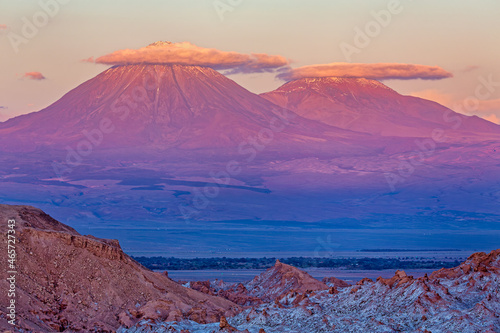 Volcanos Licancabur and Juriques at sunset - Atacama desert near San Pedro (chile) photo