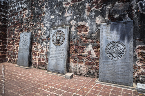 Old Portuguese tombstones in the Saint Paul's Church in Malacca City, Malaysia.