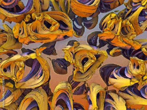 3D abstract background with graphic fractals. Illustration with magic fantasy world. Pattern with future shapes. Breathing fractals. Print with yellow, purple, violet, gold and peach colors.