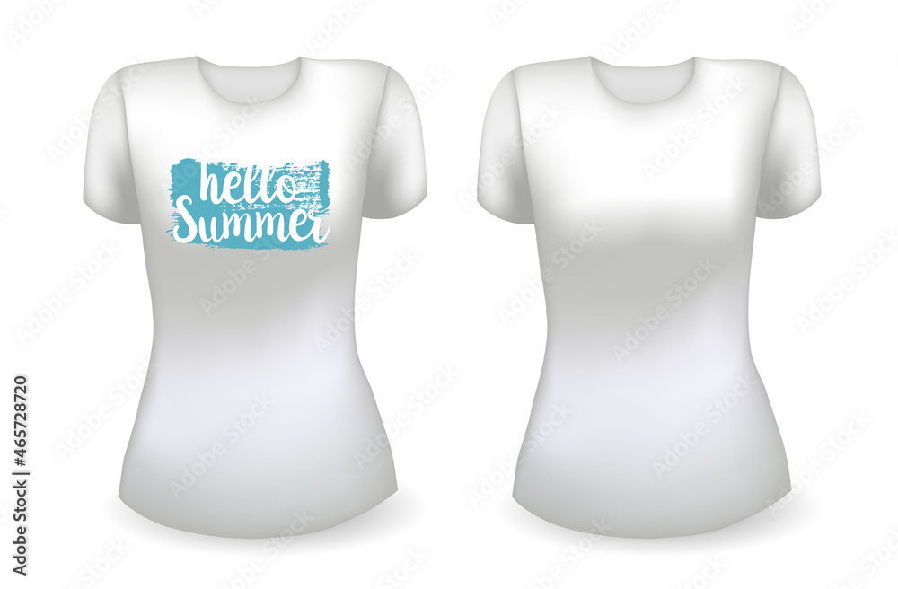 Blank white female t shirt realistic template and white t shirt with label. Hello summer badge. Vector Blank white female t shirt realistic template and white t shirt with label. Hello summer badge. Vector
