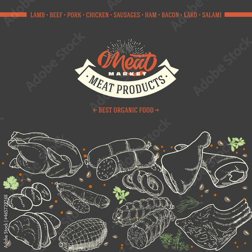A set of meat products on a blackboard with chalk. Sausages, ham, bacon, lard, salami in sketch style.