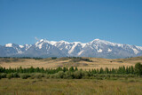 Nice view of snowy mountains and steppe in summer