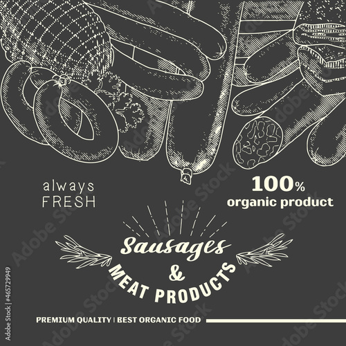 A set of meat products on a blackboard with chalk. Sausages, ham, bacon, lard, salami in sketch style.