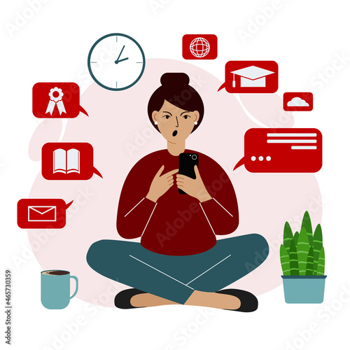 Online education, self-study. A woman sits with a mobile phone and is engaged. Evil. Education icons set.