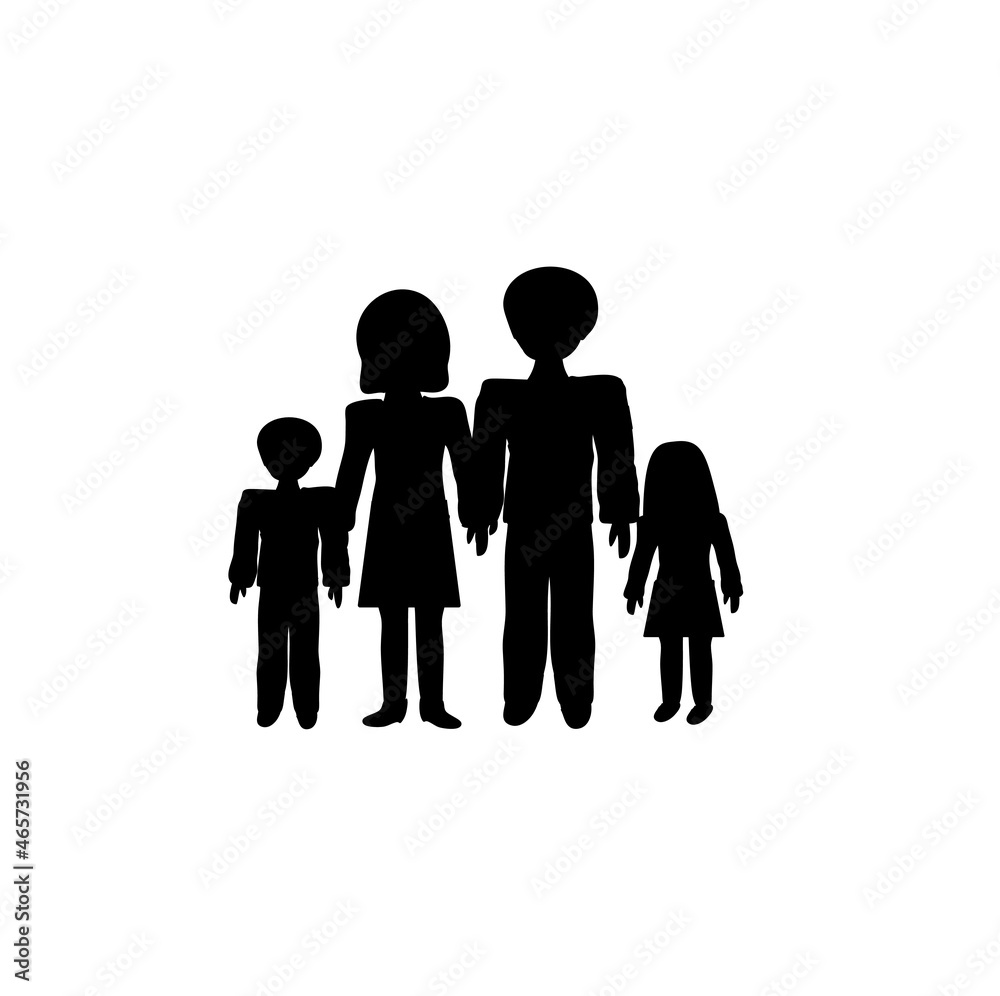 silhouettes of people in black, man, woman, boy, girl, isolated family on a white background
