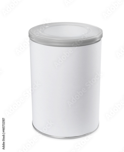 Blank can of powdered infant formula isolated on white, mockup for design. Baby milk