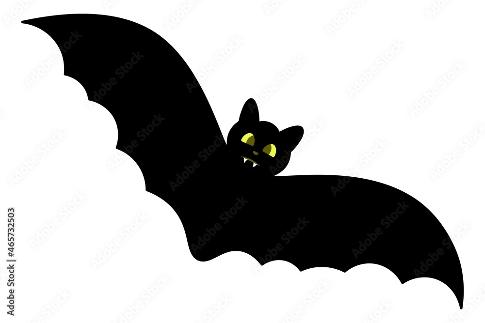 Bat. Silhouette. Cute toothy. Glowing eyes. Vector illustration. Vampire animal. A blood-sucking mammal. Isolated white background. Halloween symbol. All Saints' Day. Idea for web design, sticker.