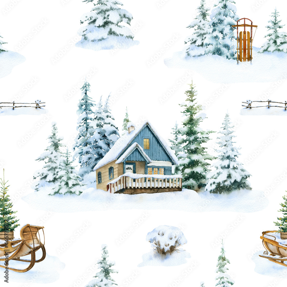 Seamless pattern with the cozy blue winter house among snow-covered trees and bushes hand drawn in watercolor isolated on a white background. Watercolor winter illustration. Christmas pattern
Seamless pattern with the cozy blue winter house among snow-covered trees and bushes hand drawn in watercolor isolated on a white background. Watercolor winter illustration. Christmas pattern