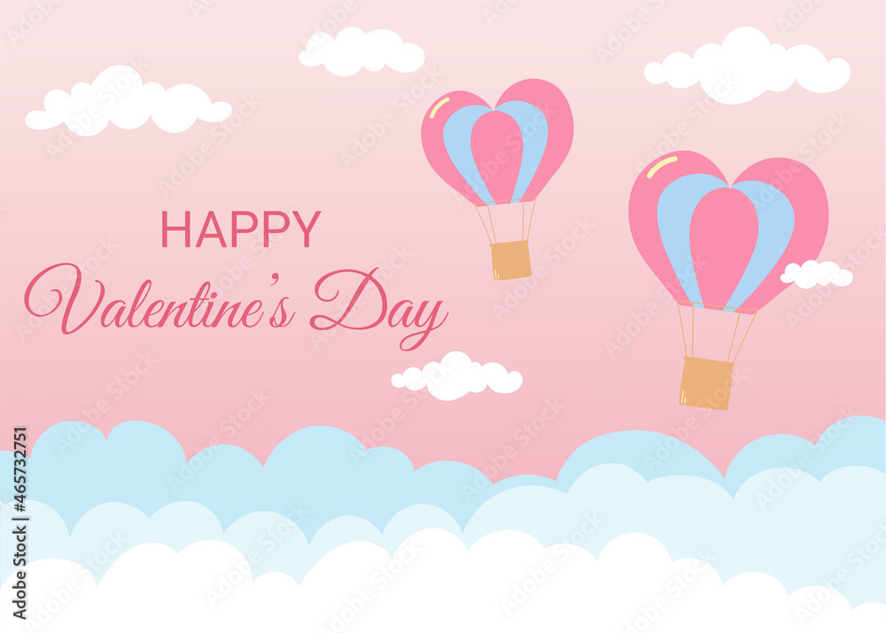 Valentine's Day greeting card. Air balloons in heart shape flying in the sky. Pink background with white and blue clouds. 
