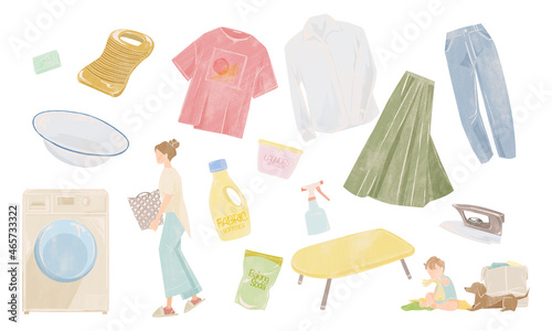 洗濯をする主婦の手描き水彩風イラスト