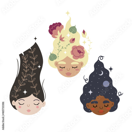 Set of smiling different diverse girls - blond European, Asian and African American with flowers, moon and stars and plants in hair, isolated vector illustration