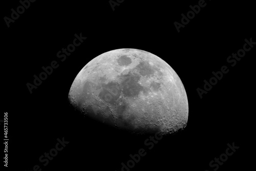 Just a large view of our Moon in the waxing gibbous phase, using my telescope, with a black background.