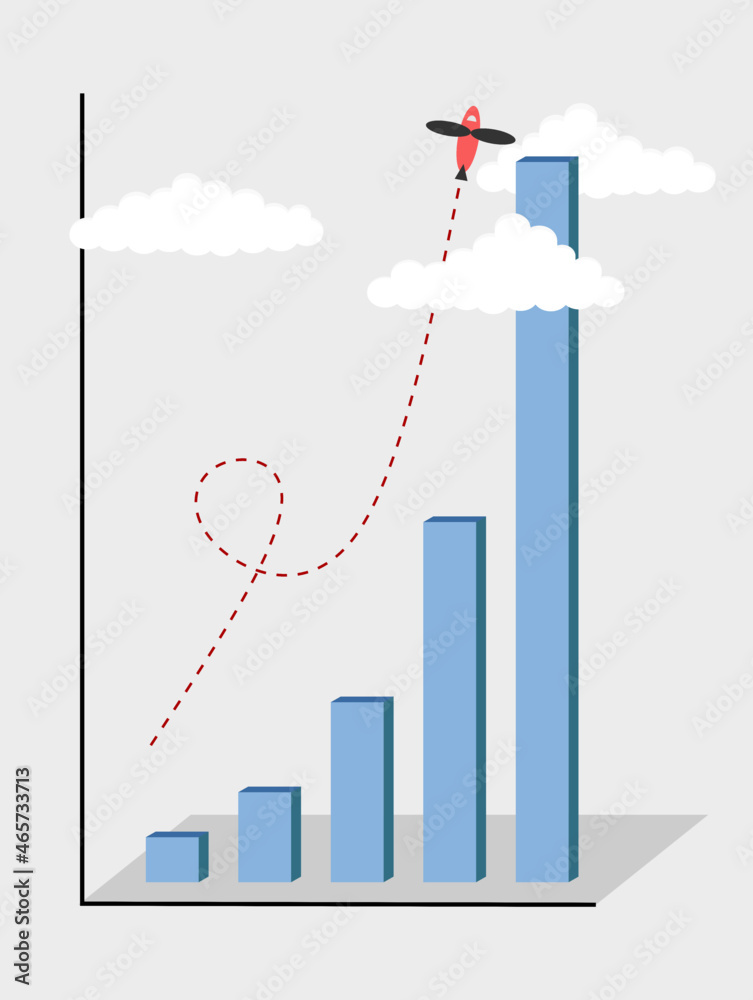 Concepto de crecimiento exponencial. El gráfico de barras crece exponencialmente hasta las nubes, junto con un avión que se dirige al cielo.