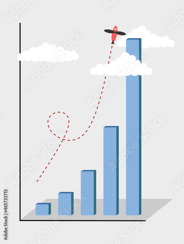 Concepto de crecimiento exponencial. El gráfico de barras crece exponencialmente hasta las nubes, junto con un avión que se dirige al cielo.