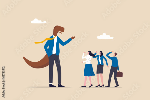 Corporate dinosaur, outdated boss refusing to change anything, bad leader or office ancient problem concept, funny dinosaur raptor businessman senior management talking with colleagues in the office. photo