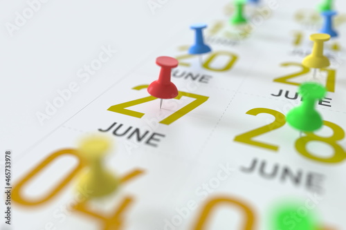 June 27 date and push pin on a calendar, 3D rendering