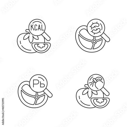 Food contaminant testing linear icons set. Heavy metals, pesticide detection. Product content analysis. Customizable thin line contour symbols. Isolated vector outline illustrations. Editable stroke