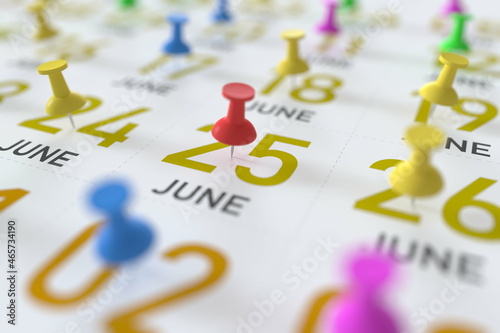 June 25 date and push pin on a calendar, 3D rendering