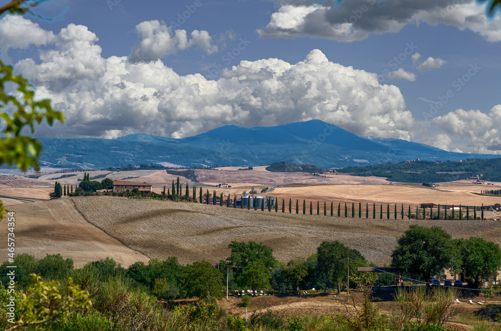 Bagno Vignoni, Tuscany, Italy. August 2020. The amazing Tuscan countryside: the photo highlights the cypress-lined avenue of a farmhouse on top of a hill