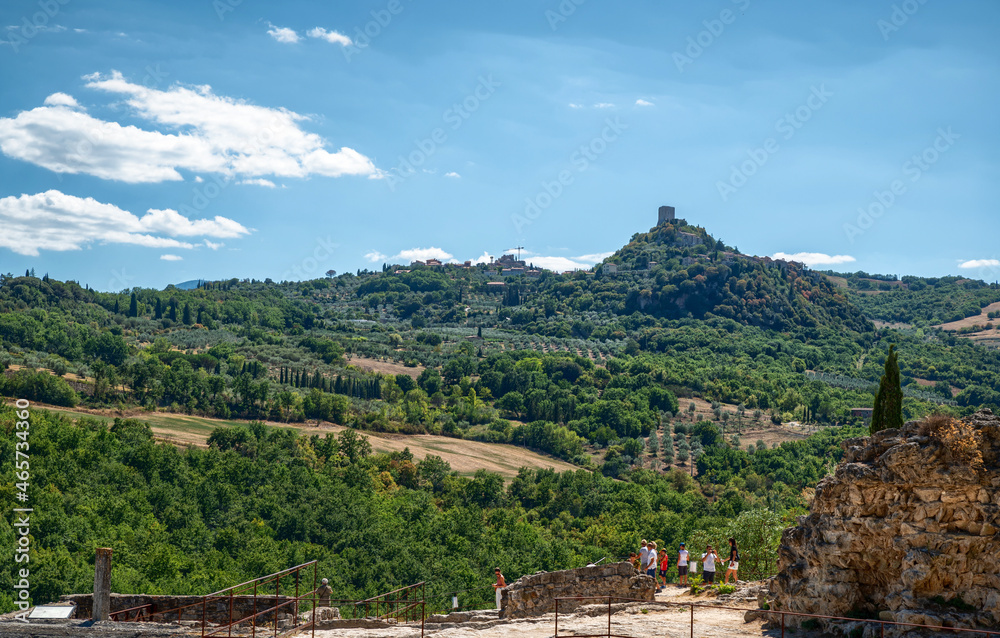 Bagno Vignoni, Tuscany, Italy. August 2020. The amazing landscape of the Tuscan countryside visible from the viewpoint of the Tuscan village.