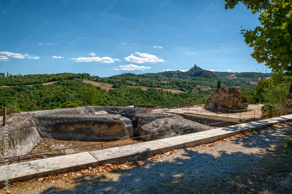 Bagno Vignoni, Tuscany, Italy. August 2020. The amazing landscape of the Tuscan countryside visible from the viewpoint of the Tuscan village.