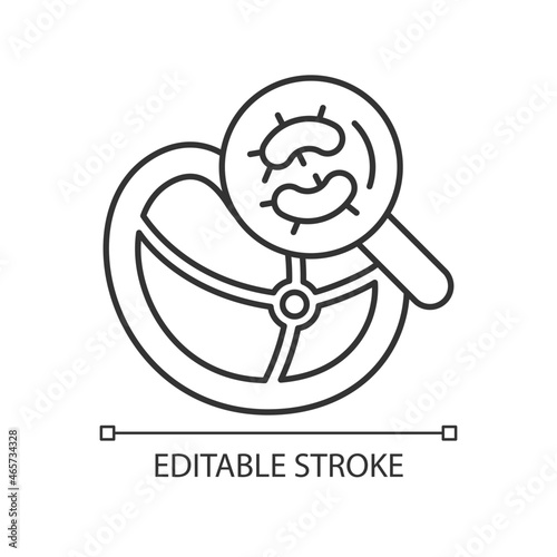 Pathogen testing linear icon. Food contaminant. Virus detection. Reduce foodborne illnesses. Thin line customizable illustration. Contour symbol. Vector isolated outline drawing. Editable stroke