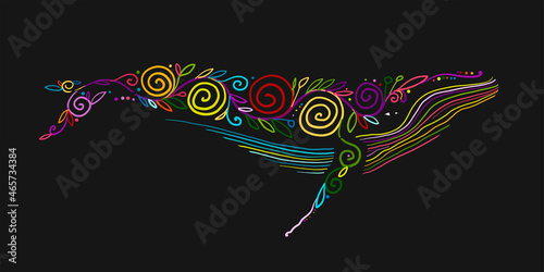Wild Whale with Floral Ornaments. Colorful Art Sketch for your design