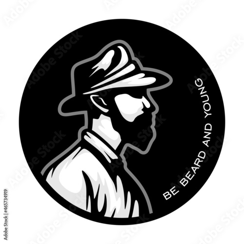 Vector illustration of old man with thick beard and wearing bucket hat in shillouette style and isolated in circle black background