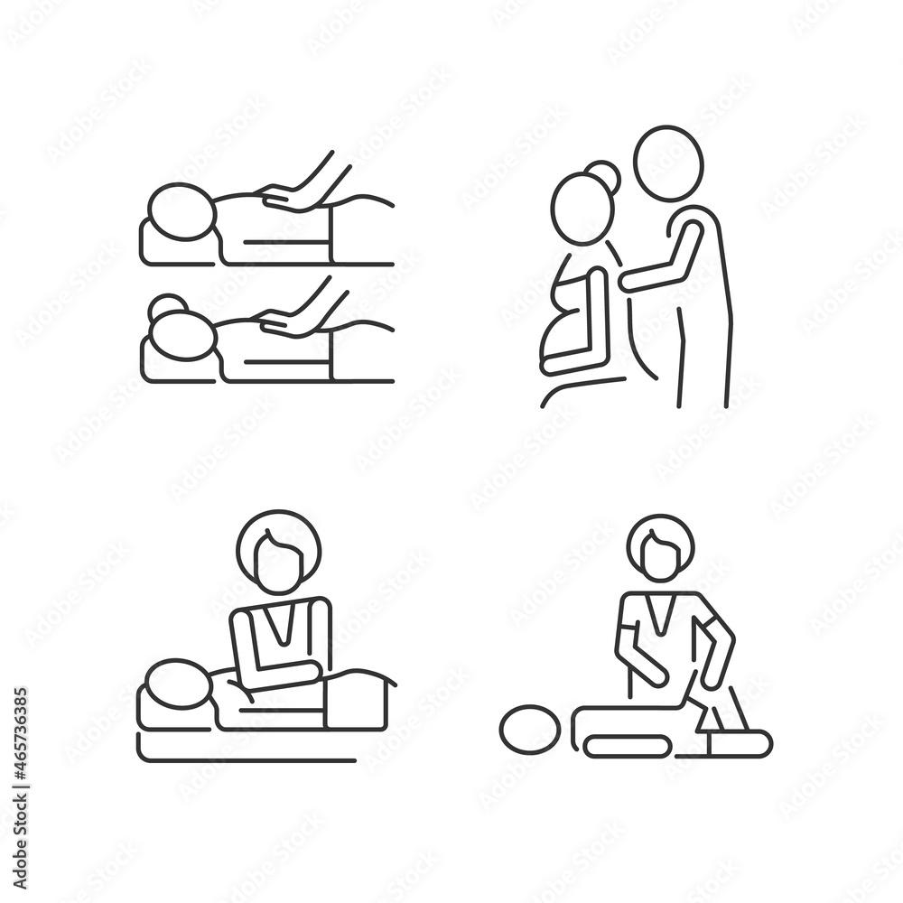 Relaxing spa experience linear icons set. Boost bonding in relationship. Prenatal massage therapy. Customizable thin line contour symbols. Isolated vector outline illustrations. Editable stroke