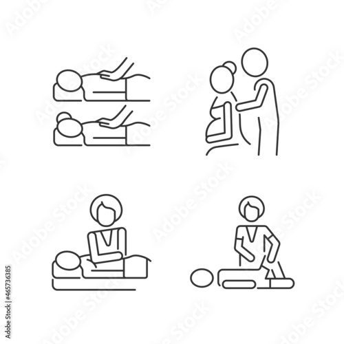Relaxing spa experience linear icons set. Boost bonding in relationship. Prenatal massage therapy. Customizable thin line contour symbols. Isolated vector outline illustrations. Editable stroke