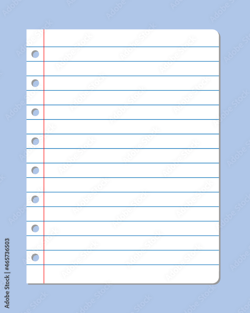 Sheet of paper with horizontal lines and holes to be placed in a ring binder. Page with rounded edges on blue background. Sheet of paper with horizontal lines and holes to be placed in a ring binder. Page with rounded edges on blue background.