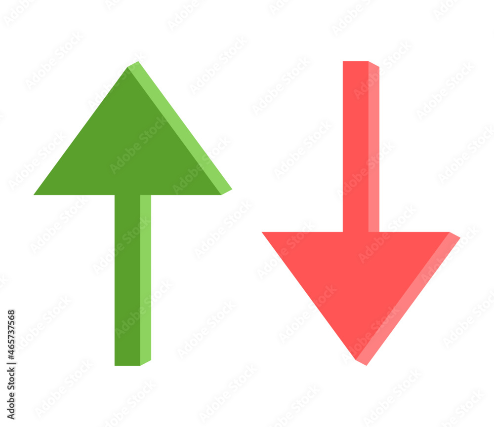 Two arrows in opposite directions, ascending green arrow and descending red arrow Two arrows in opposite directions, ascending green arrow and descending red arrow