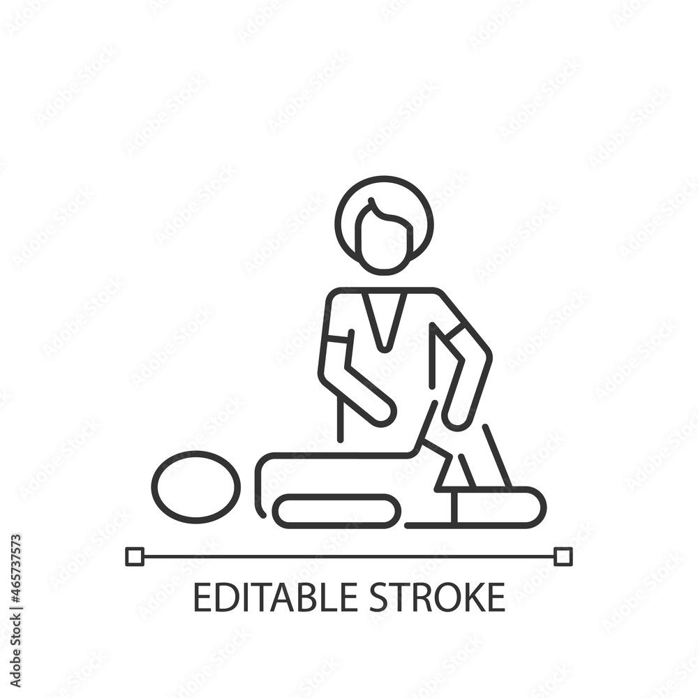Sport massage linear icon. Help with injury recovery. Enhancing athletic performance. Thin line customizable illustration. Contour symbol. Vector isolated outline drawing. Editable stroke