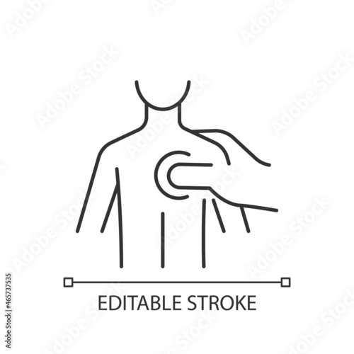 Trigger points massage linear icon. Increase blood circulation. Relaxing tight muscles. Thin line customizable illustration. Contour symbol. Vector isolated outline drawing. Editable stroke